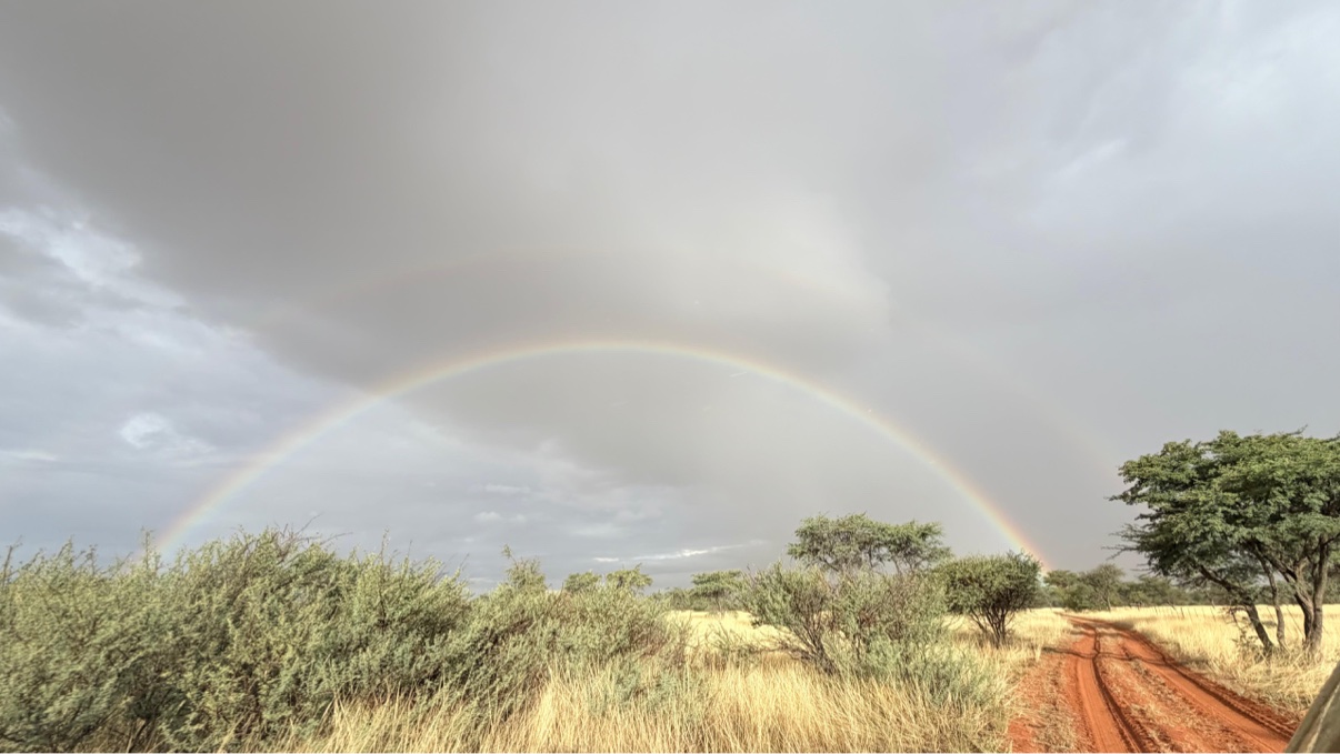 Rainbow arcing over a red dirt road through the bush at Zania Farm
